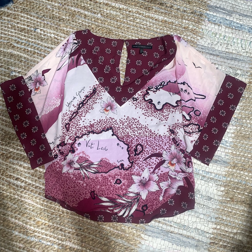 Floral V-Neck Blouse in Burgundy and Pink